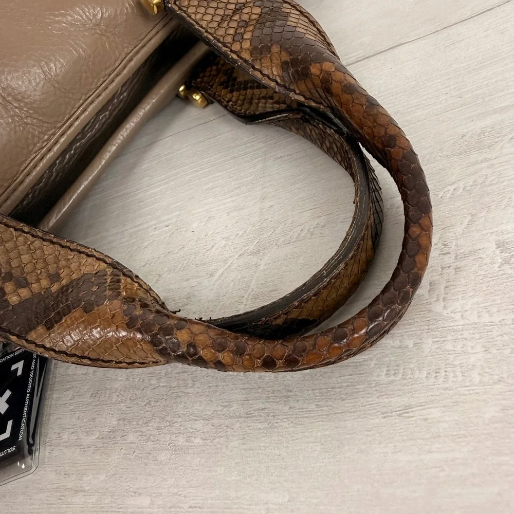 Gucci Satchel Hand Bag Taupe Brown Leather Snakeskin Trim Gold Hardware M Office